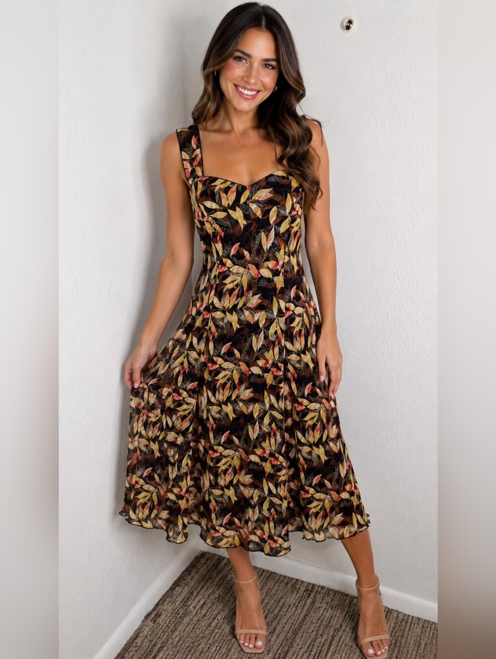 Connected Apparel Black Floral Midi-Dress with Gold & Pink Leaf Print, Size 10